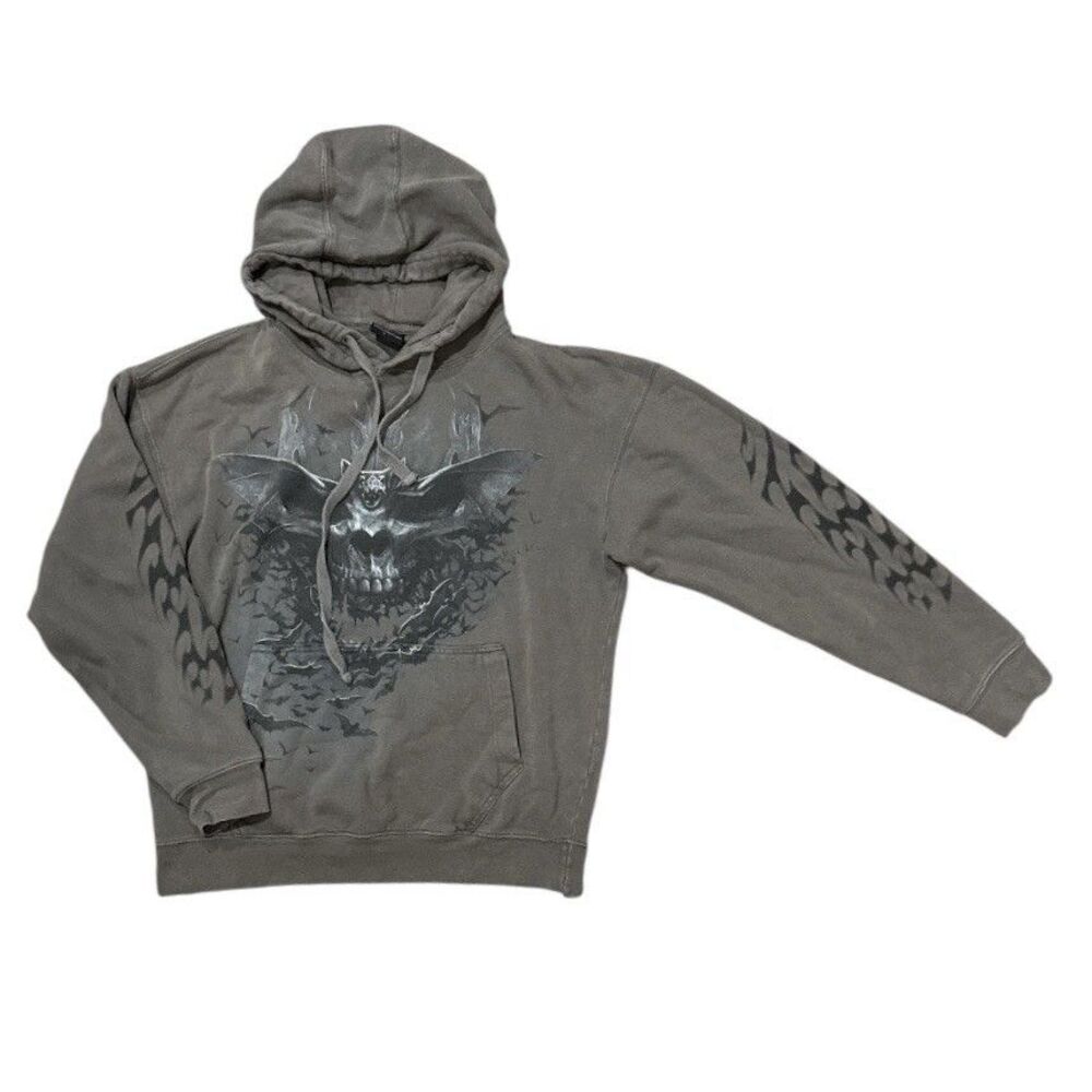 Spiral Direct Skull Bats Hoodie Sweatshirt Gothic Tribal Grunge Gray Alt Sz L